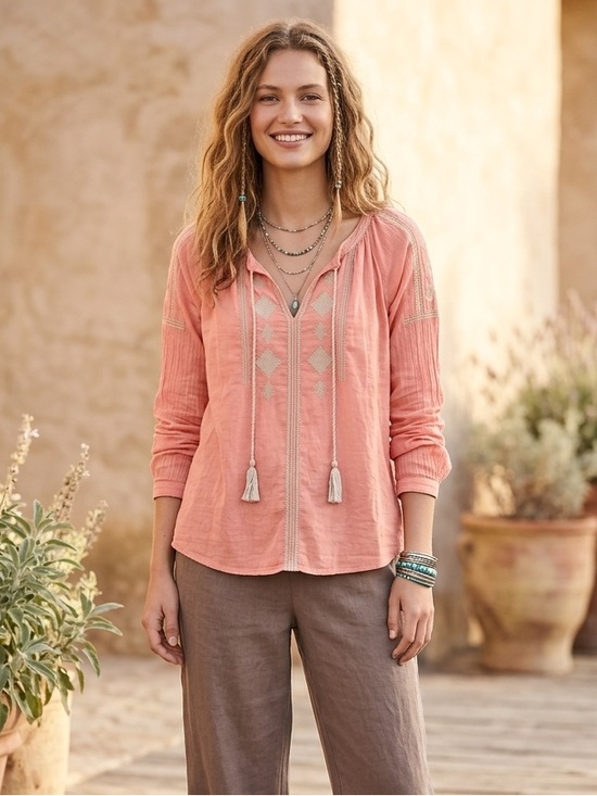 LOFT Tops - LOFT Coral Pink 100% Cotton Embroidered Boho Chic Indie Tassel Top Size Medium